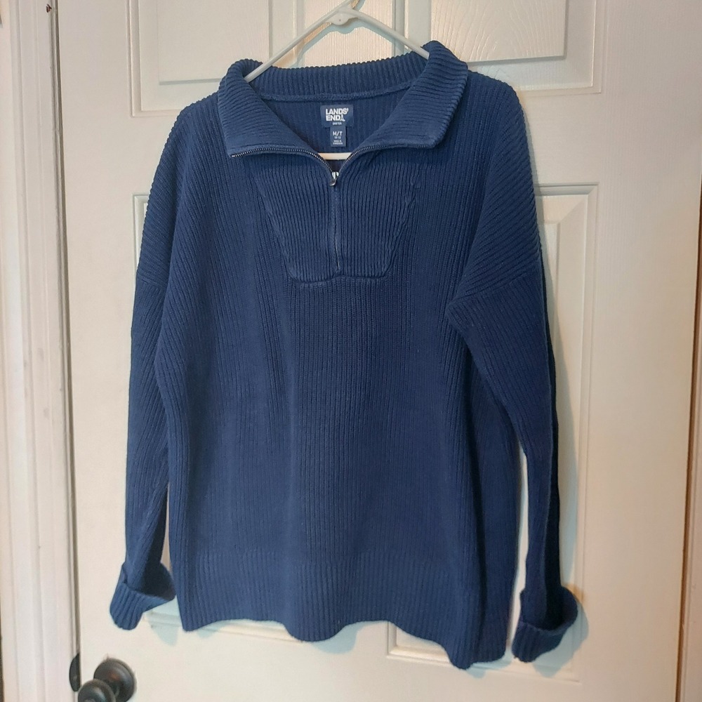 Lands End Drifter Mens Medium Tall Navy Blue Cotton Rib Quarter Zip Sweater